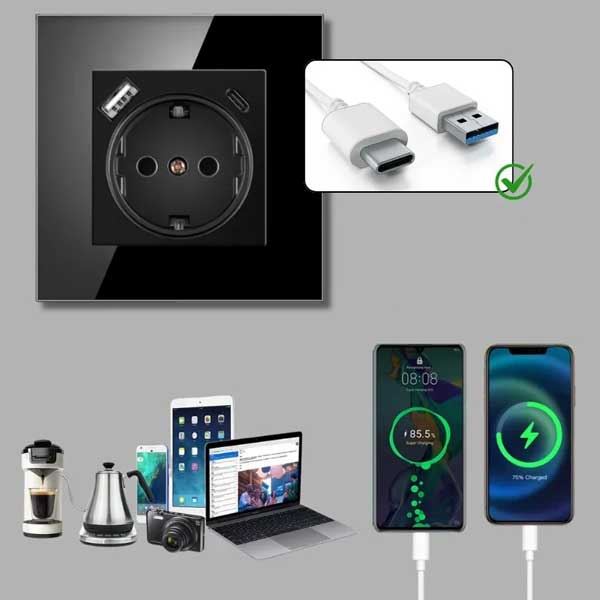 Priza cu rama de sticla securizata, porturi USB-A si USB-C, Classlights, 16A, Negru