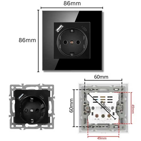 Priza cu rama de sticla securizata, porturi USB-A si USB-C, Classlights, 16A, Negru
