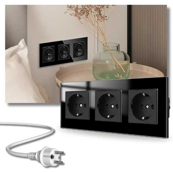 Priza tripla cu rama din sticla securizata Classlights , 16A, Negru