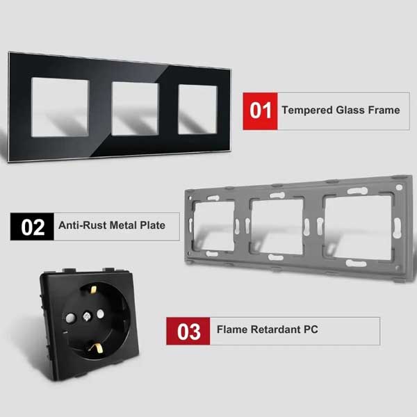 Priza tripla cu rama din sticla securizata Classlights , 16A, Negru