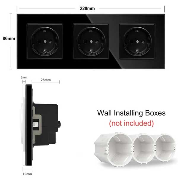 Priza tripla cu rama din sticla securizata Classlights , 16A, Negru