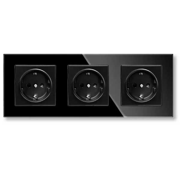 Priza tripla cu rama din sticla securizata Classlights , 16A, Negru