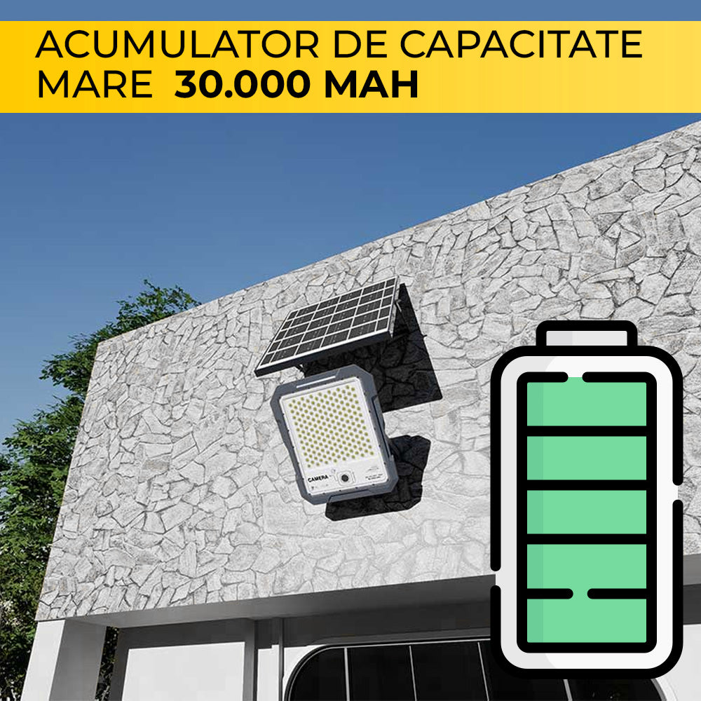 Proiector LED cu Cameră Video Integrată, 200W, Alimentare Solară, 1440P, Wi-Fi, 30.000 mAh, ClassLights