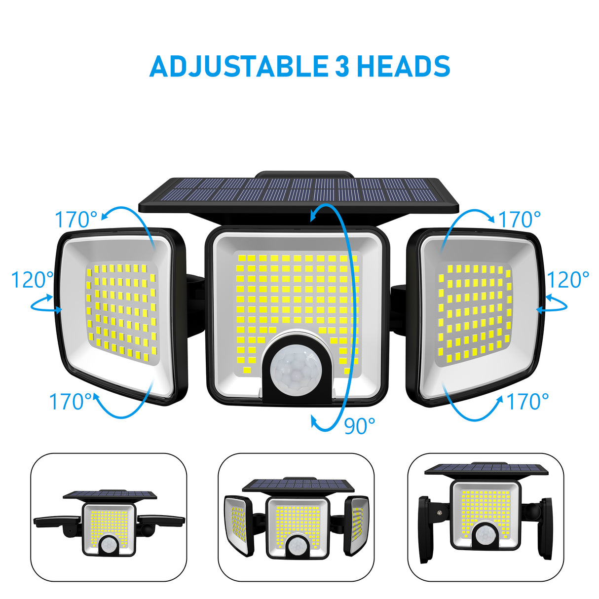 Proiector Solar LED 45W cu 3 Capete Reglabile si Senzor de Miscare ClassLights, 223 Led-uri