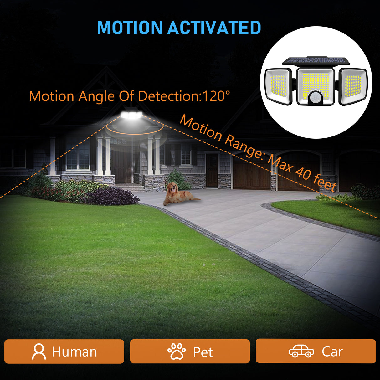 Proiector Solar LED 45W cu 3 Capete Reglabile si Senzor de Miscare ClassLights, 223 Led-uri