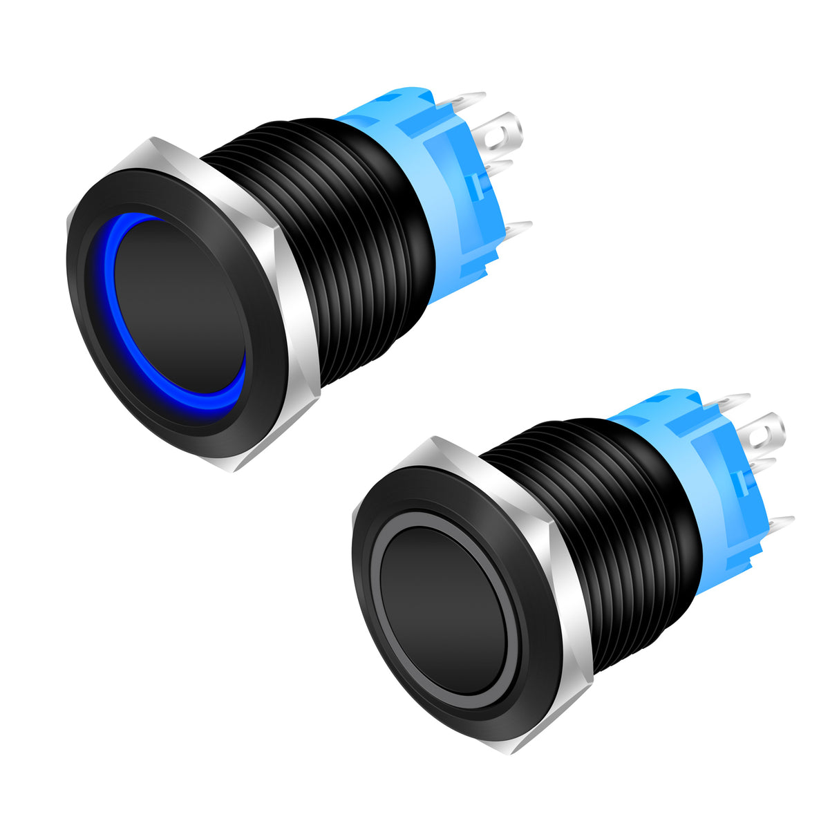 Buton Push Negru 19mm cu Retinere si Led Albastru, ElectroAZ