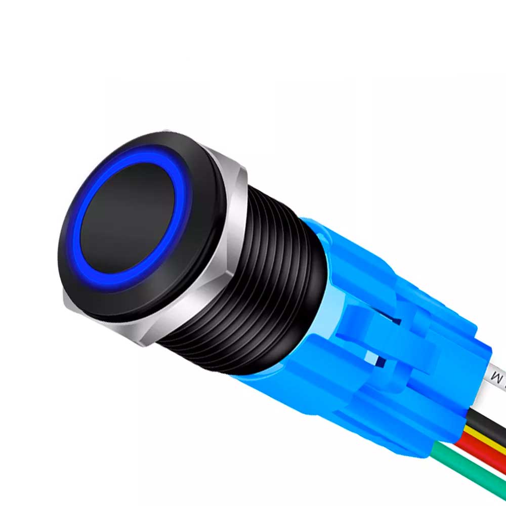 Buton Push Negru 19mm cu Retinere si Led Albastru, ElectroAZ