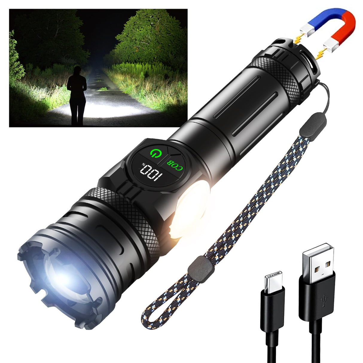 Lanterna Tactica Profesionala LED XHP, 6000 Lumeni, Zoom Telescopic, Acumulator Inclus, Magnet de Fixare
