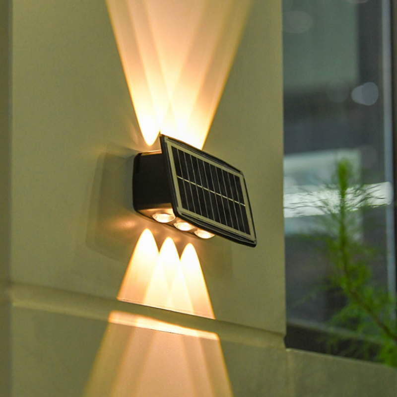 Lampa Solara de Perete Exterior cu 6 LED-uri, Iluminat Bidirectional Sus si Jos, Senzor de Lumina, Rezistenta la Apa IP65