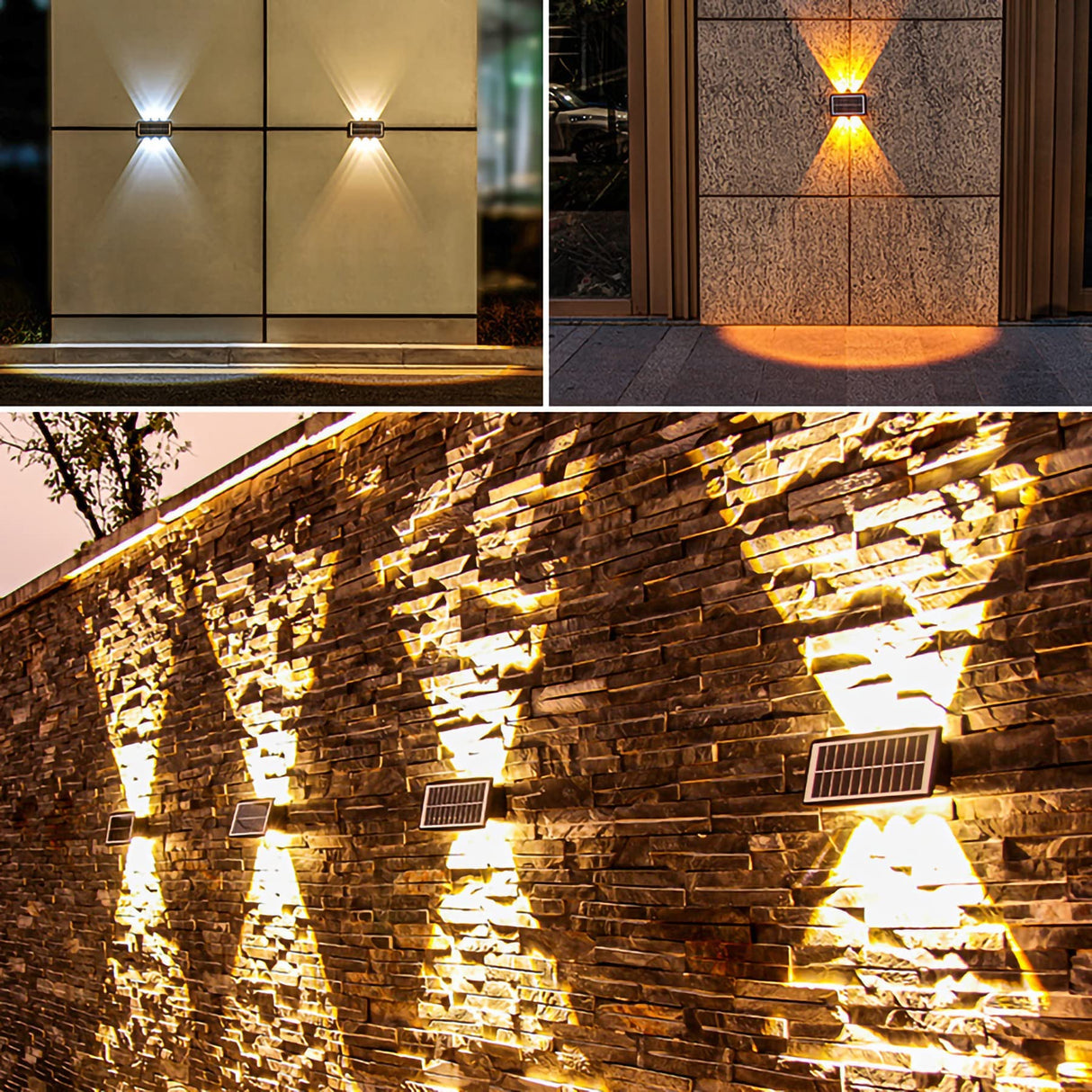 Lampa Solara de Perete Exterior cu 6 LED-uri, Iluminat Bidirectional Sus si Jos, Senzor de Lumina, Rezistenta la Apa IP65