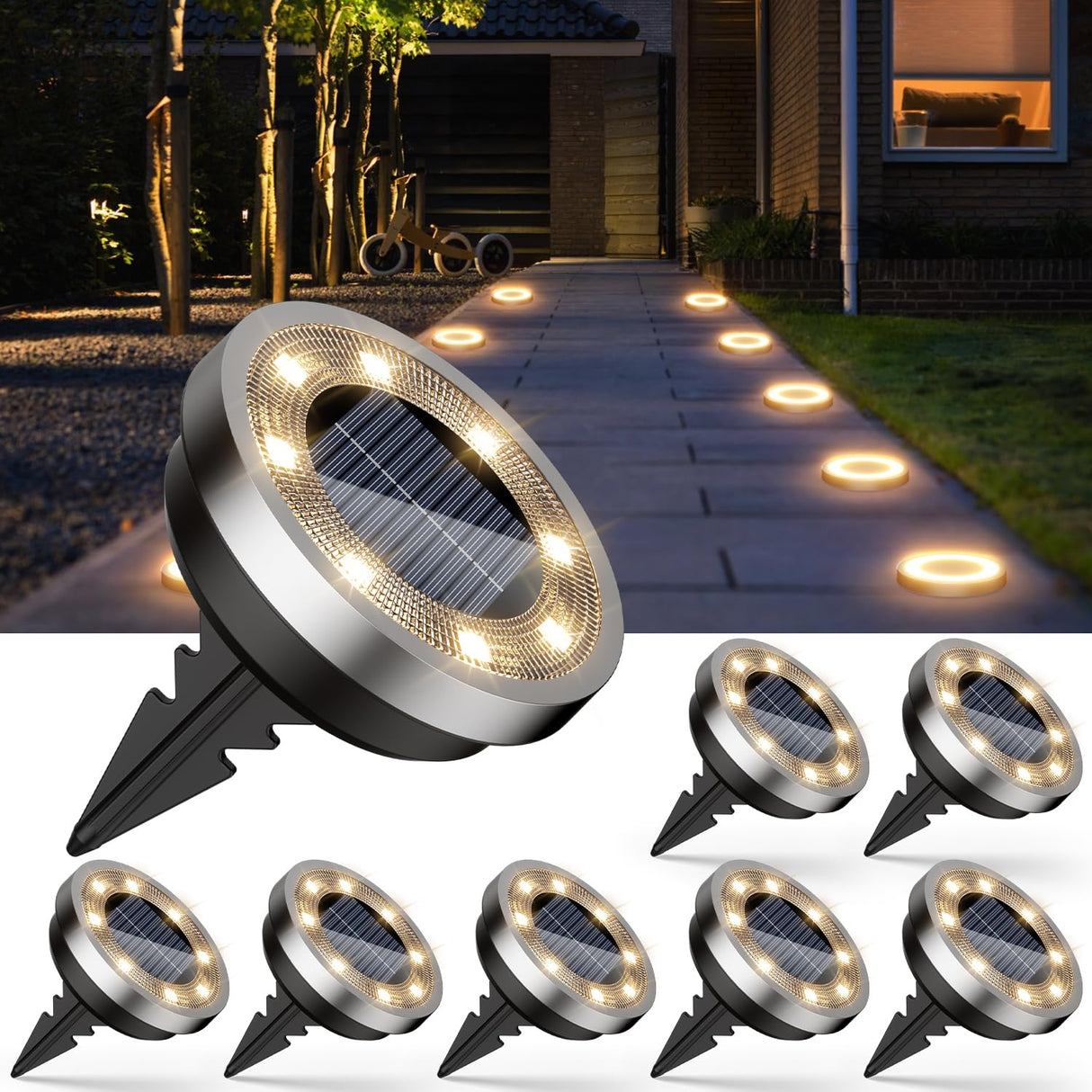 Set 8 Lampi Solare Tip Disc, 8 LED-uri SMD, Lumina Alb Neutru
