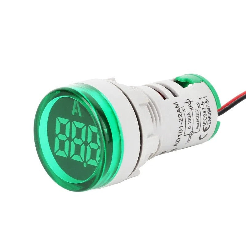 Ampermetru Digital de Panou, 220V, Diametru 22mm, Verde