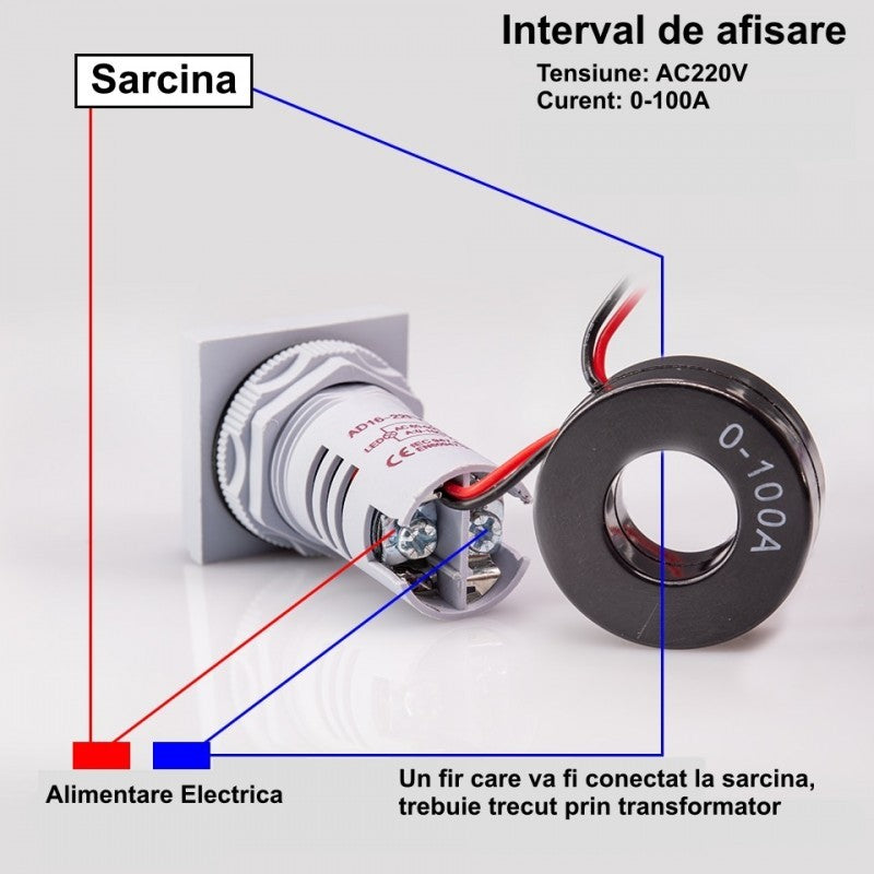 Ampermetru Digital de Panou, 220V, Diametru 22mm, Verde