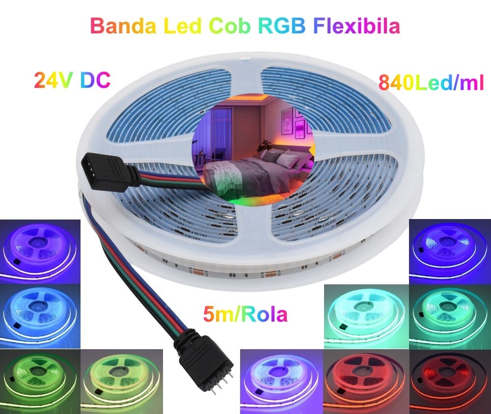 Banda Cob Led RGB 24V-10mm - 840led/ml, 16W/ml- Rol/5m