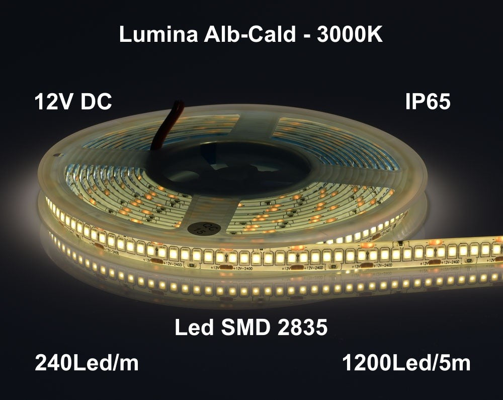 Banda Led 12V Exterior IP65- 240led/m, Alb-Cald 3000K, Rola/5m