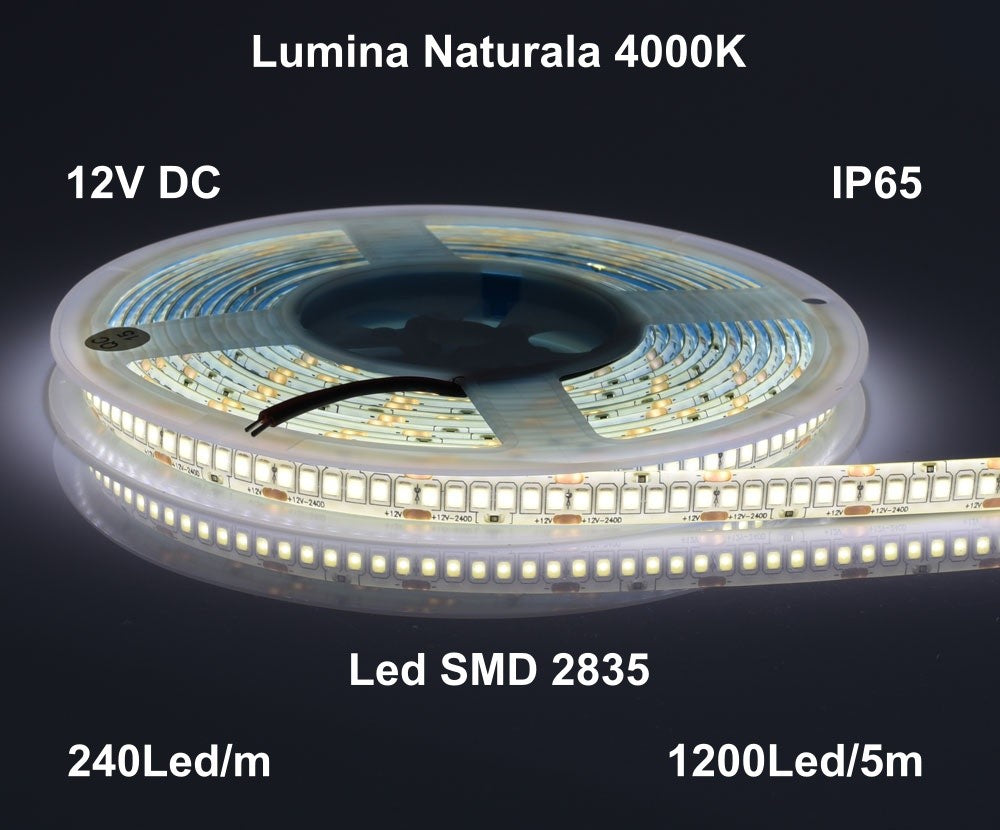 Banda Led 12V Exterior IP65- 240led/m, Alb-Natural 4000K, Rola/5m