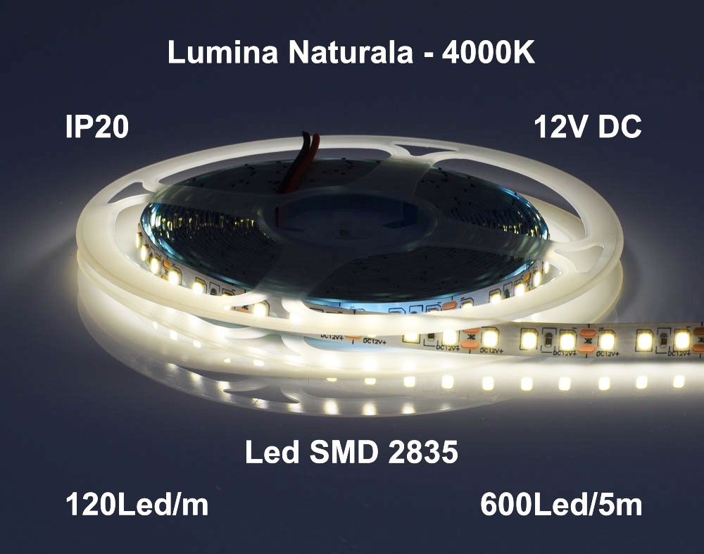 Banda Led 12V Interior IP20- 120led/m, Alb-Natural 4000K, Rola/5m