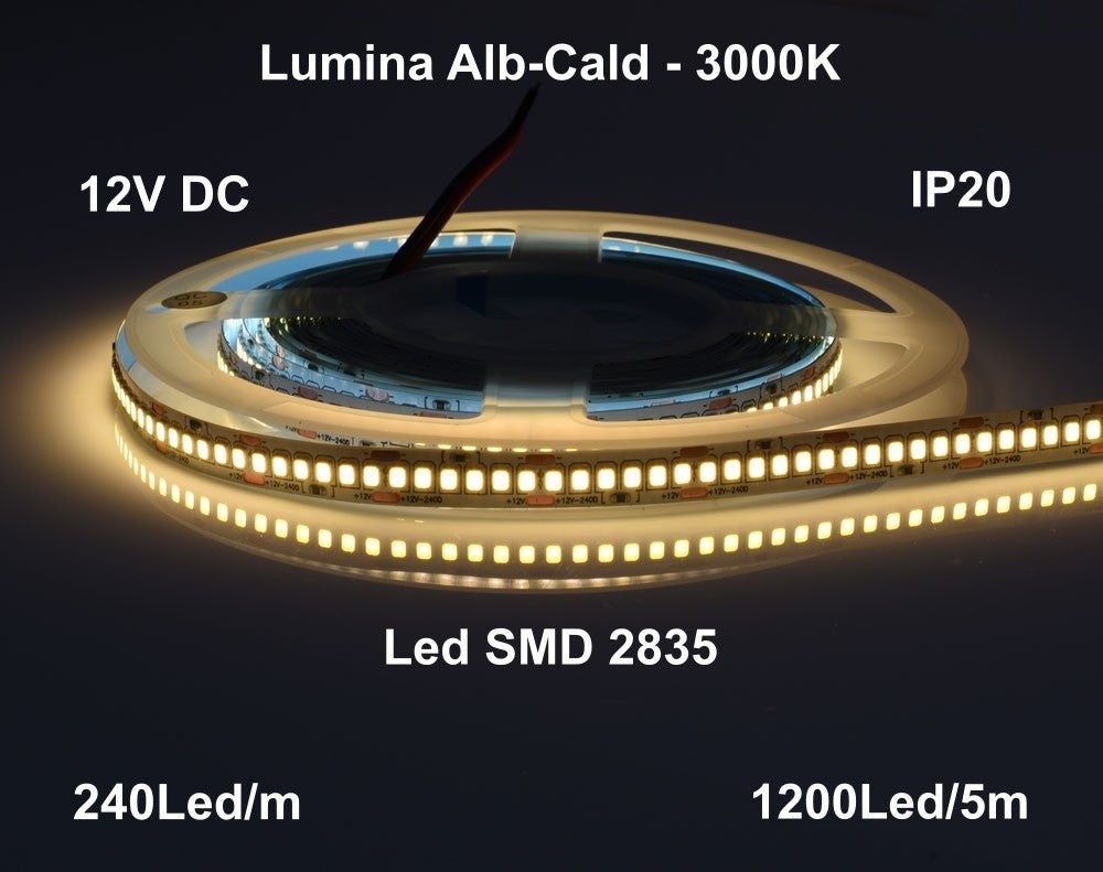 Banda Led 12V Interior IP20- 240led/m, Alb-Cald 3000K, Rola/5m