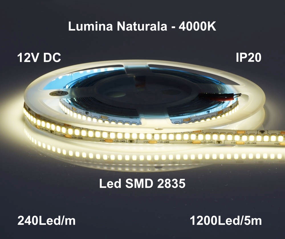 Banda Led 12V Interior IP20- 240led/m, Alb-Natural 4000K, Rola/5m