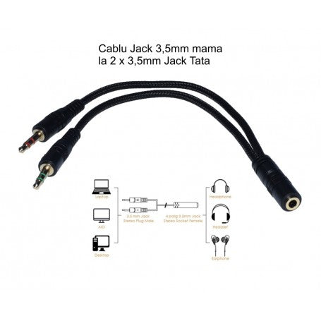 Cablu Audio Jack 3,5mm La 2 X Jack 3,5mm Tata, 20cm