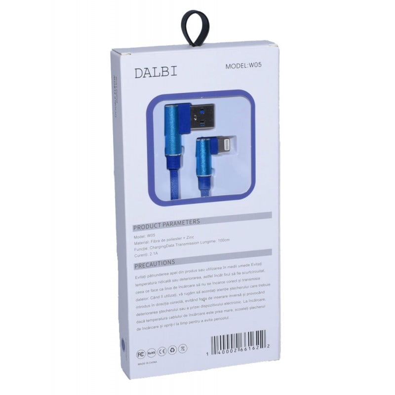 Cablu de Date USB - iPhone Lighting cu cot la 90, Albastru, 1m