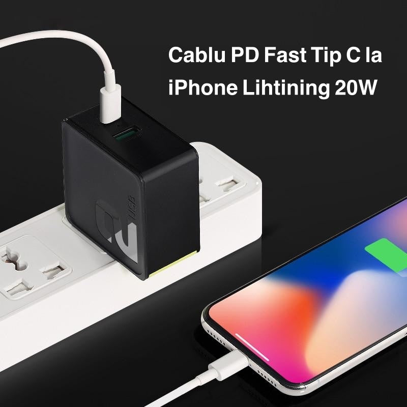 Cablu Fast Charge, Type-C la Lightning, Compatibil iPhone, 1,2m, 20W