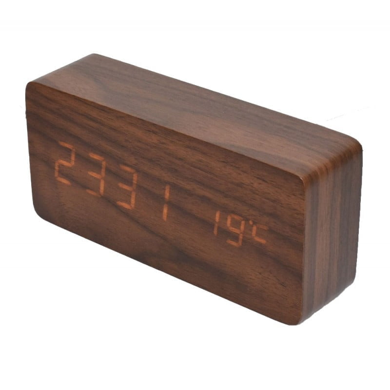 Ceas Digital din Lemn Maro cu Led Alb
