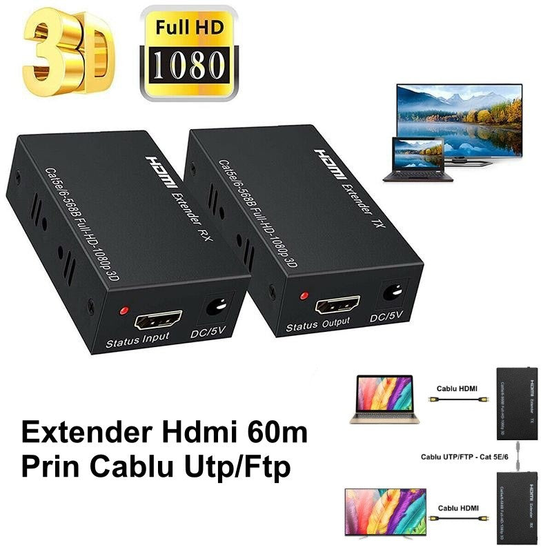 Extender HDMI 60M, 1080P-3D prin UTP/FTP CAT 5E/6, ElectroAZ
