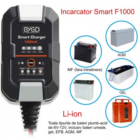 Incarcator Digital Smart F1000 de Acumulatori Li-ion / Plumb-Acid 6V-12V / AGM - BYGD