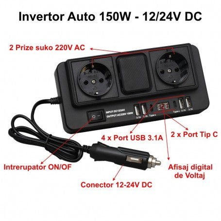 Invertor Auto de Tensiune 150W - 12/24V DC la 2 x 220V AC cu 4 x Usb 3.1 si 2 x Tip C