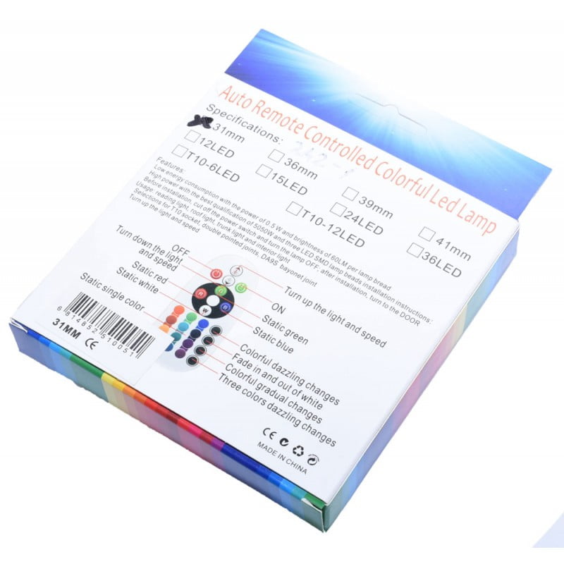 LED Auto RGB cu Telecomanda, Soclu Feston 31mm, Set 2 Buc