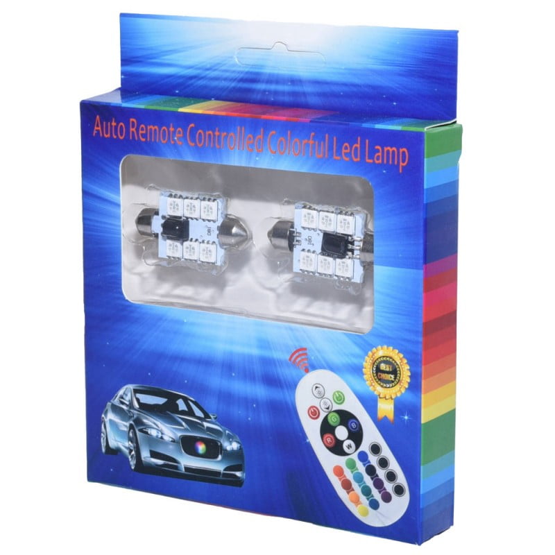 LED Auto RGB cu Telecomanda, Soclu Feston 41mm, Set 2 Buc
