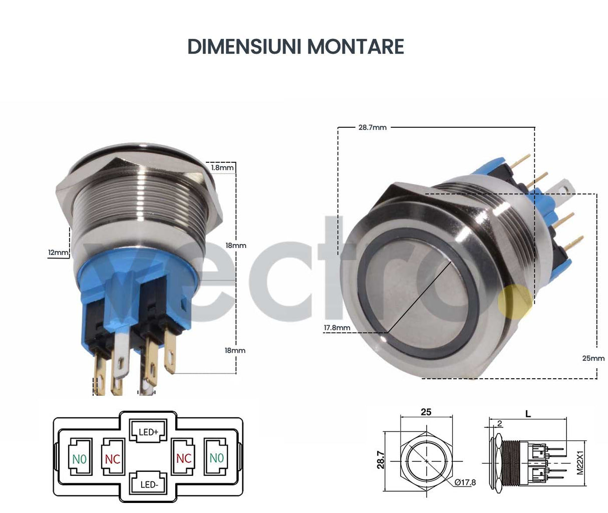 Buton Push Metalic, 220V, 22mm, cu Retinere, Led Albastru, ElectroAZ