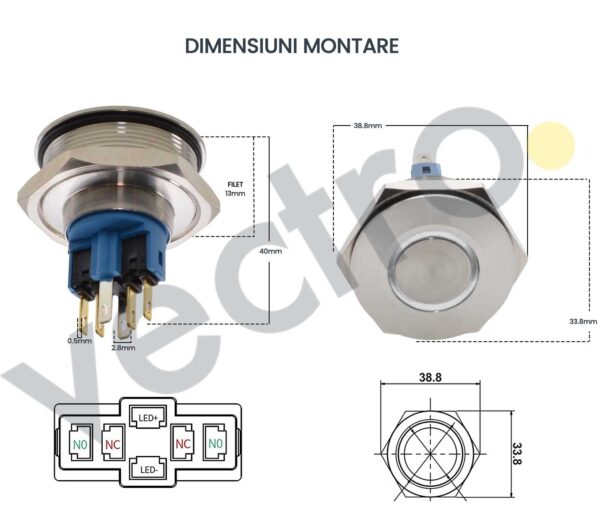 Buton Push 30mm cu Retinere 24V Led Albastru