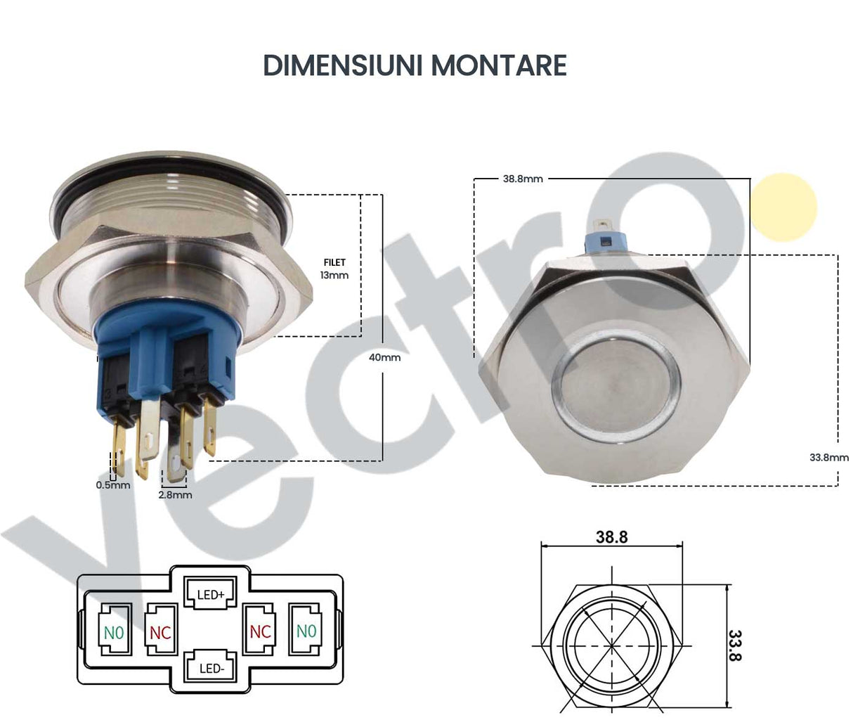 Buton Push 30mm cu Revenire 24V Led Albastru