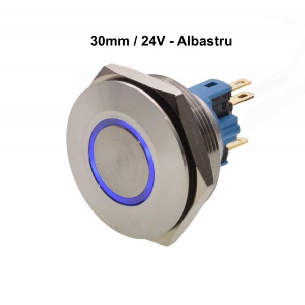 Buton Push 30mm cu Retinere 24V Led Albastru