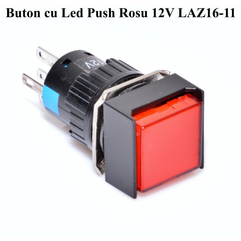 Buton Push Patrat Rosu 12V - 16mm