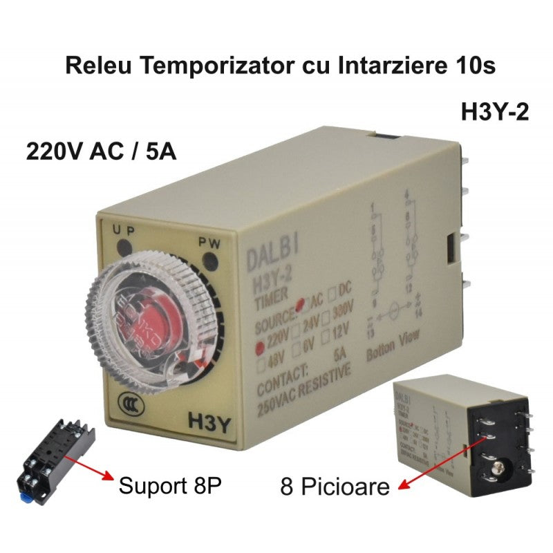Releu de Timp H3Y-2 Mini cu Intarziere 10S, 220VAC - 8P