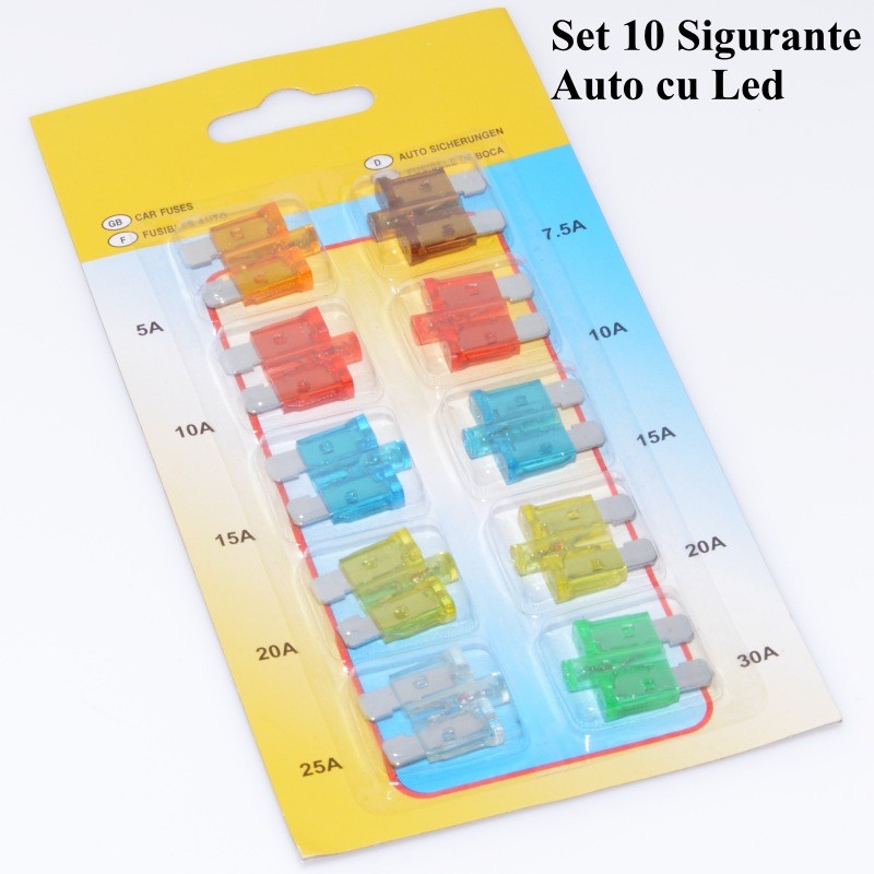 Set 10 Sigurante Auto cu Indicator LED Siguranta Arsa