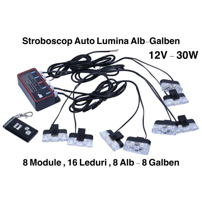 Lumini Auto Tip Stroboscop, Interventii, Control din Telecomanda, 30W, Alb-Galben