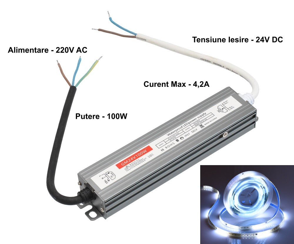 Sursa de Alimentare Slim, 24V-100W, Carcasa Metalica, IP67