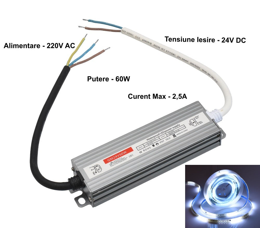 Sursa de Alimentare Slim, 24V-60W, Carcasa Metalica, IP67