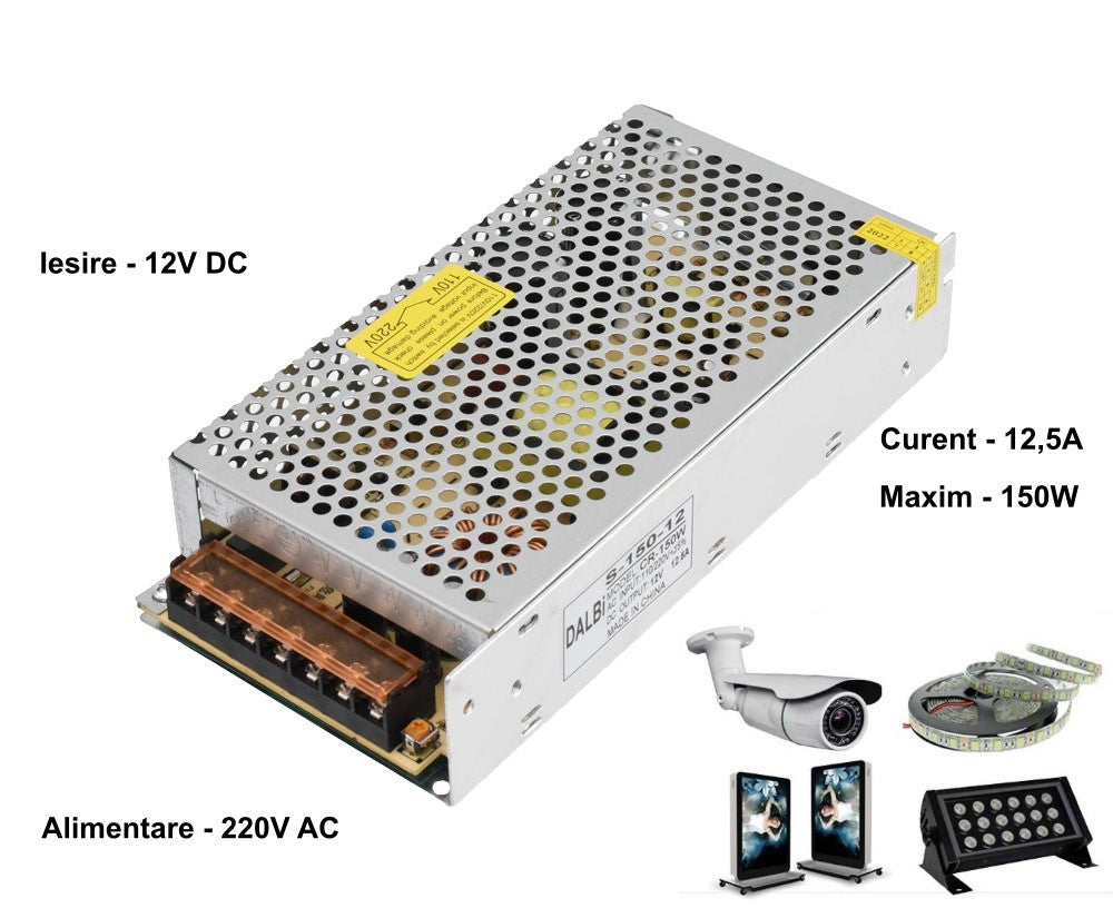 Sursa de Alimentare Slim, Carcasa Metalica, 220V-12V/150W-12,5A