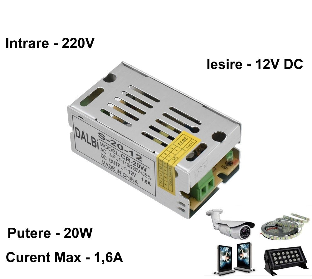 Sursa de Alimentare Slim, Carcasa Metalica, 220V-12V/20W-1,6A