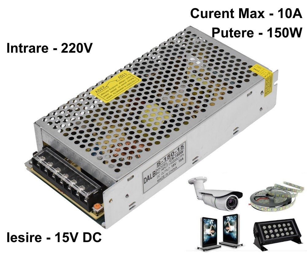 Sursa de Alimentare Slim, Carcasa Metalica, 220V-15V/150W-10A