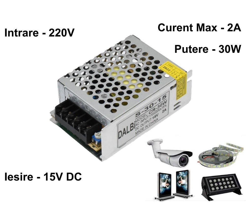 Sursa de Alimentare Slim, Carcasa Metalica, 220V-15V/30W-2A