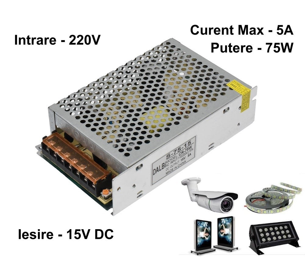Sursa de Alimentare Slim, Carcasa Metalica, 220V-15V/75W-5A