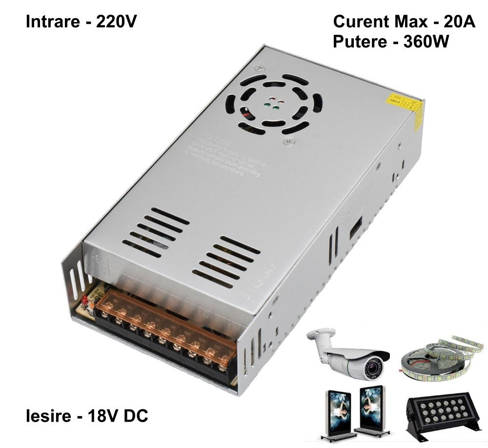Sursa de Alimentare Slim, Carcasa Metalica, 220V-18V/360W-20A