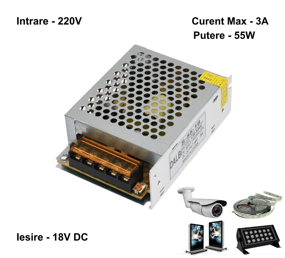 Sursa de Alimentare Slim, Carcasa Metalica, 220V-18V/55W-3A