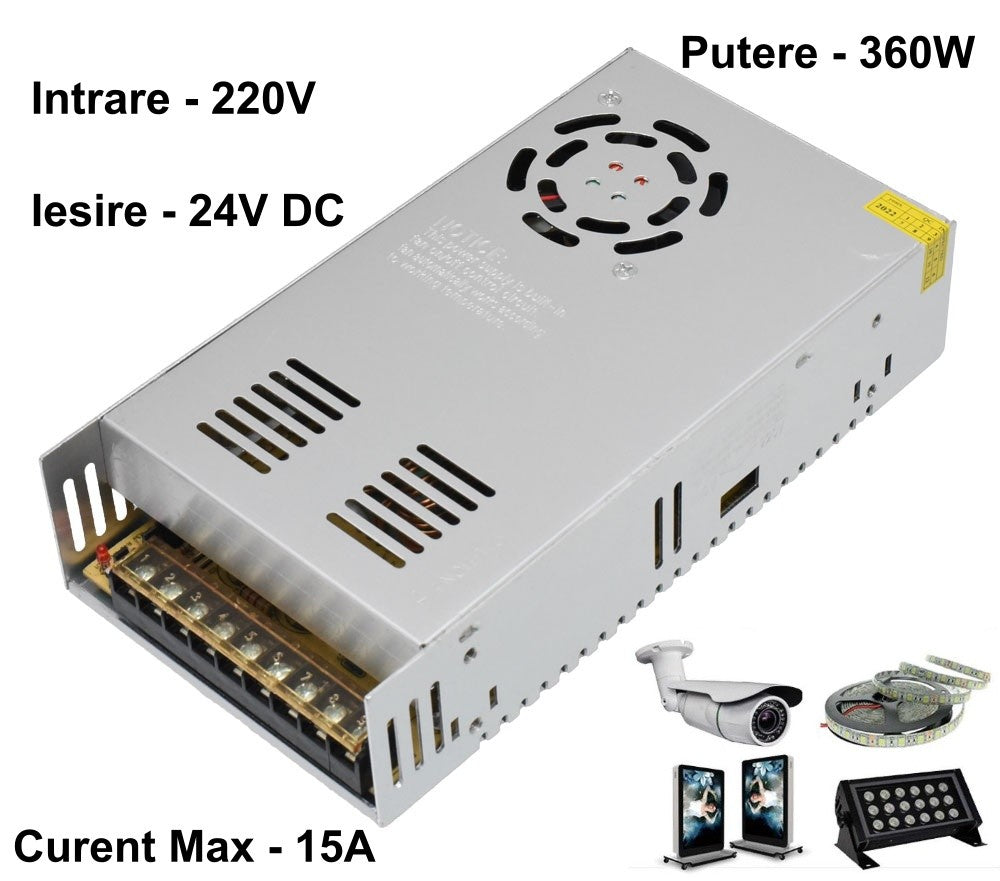 Sursa de Alimentare Slim, Carcasa Metalica, 220V-24V/360W-15A